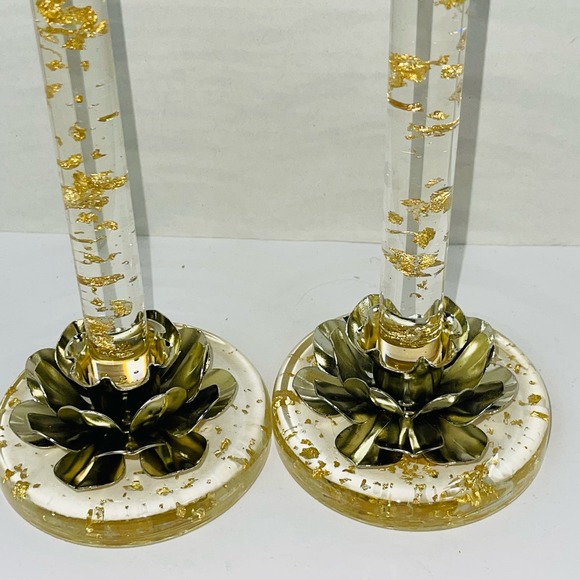 Lot 2 Lucite 12" Candles AND Candleholders gold flakes Enchanto Co of California - Picture 2 of 12